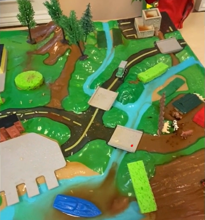 A plastic model of an environment including roads, buildings, farms, and natural features. Water representing the rain that floods, supplemental ingredients to represent pollution, fertilizers, exposed soils and more.